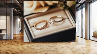 Close-up of the wedding rings of the bride and groom in a box Wall mural