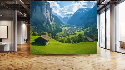 Spectacular view of Lauterbrunnen valley on a bright sunny day, Switzerland Wall mural