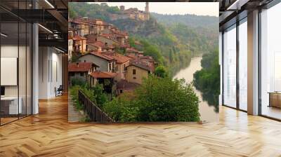 Veliko Tarnovo: a historic city in Bulgaria, with its terraced houses, medieval architecture, and the imposing Tsarevets Fortress perched on a hill, overlooking the meandering Yantra River Wall mural