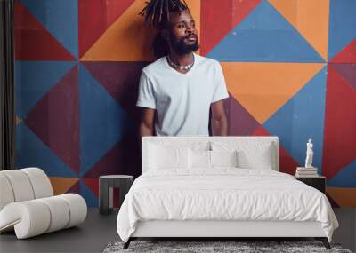 African American man with dreadlocks and a white T-shirt. Mock-up. Wall mural