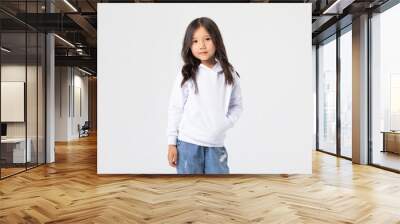 Cute asian girl in white blank hoodie. Mock-up. Wall mural