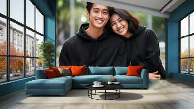 Illustration of a fashioncouple  portrait with plain hoodie mockup, AI Generated Wall mural