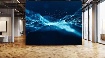 abstract blue color digital particles wave with bokeh and light background Wall mural