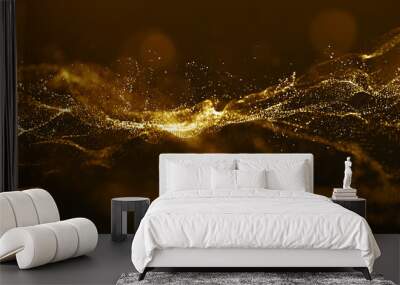 Abstract gold color digital particles wave with bokeh and light background Wall mural