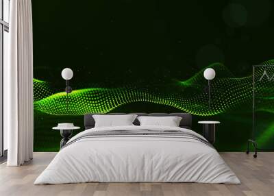 Abstract green color digital particles wave with dust and light background Wall mural