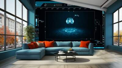 Artificial intelligence concept. Brain over a circuit board and scanning. Graphic user interface head up display. Future technology digital screen background. 3d rendering Wall mural