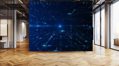 Deep blue cyber space with dynamic digital lines and dots, depicting high speed data transfer and network technology. 3d rendering Wall mural