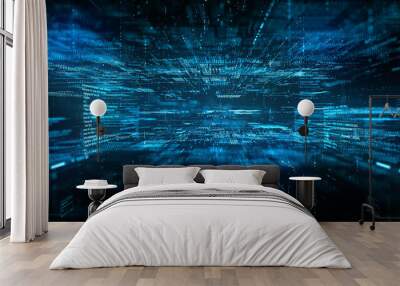 Digital cyberspace futuristic, Digital data matrix flowing and lighting, 5g high-speed connection data analysis process abstract background. 3d rendering Wall mural