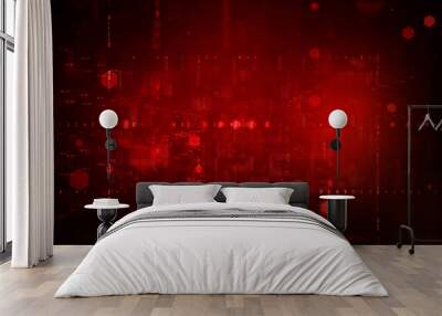 Digital cyberspace with particles and Digital data network connections concept on red background Wall mural