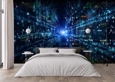 Digital cyberspace with particles and Digital data network connections concept. Wall mural