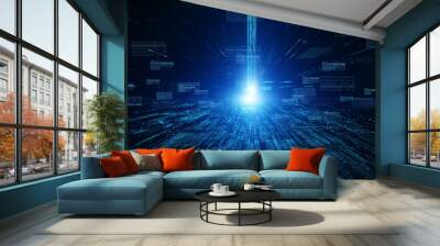 Digital cyberspace with particles and Digital data network connections future background concept. Wall mural