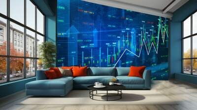 Global financial investment, Stock market up arrow, and candlestick on blue background. Financial data Information for Trading and business investment. 3d rendering Wall mural