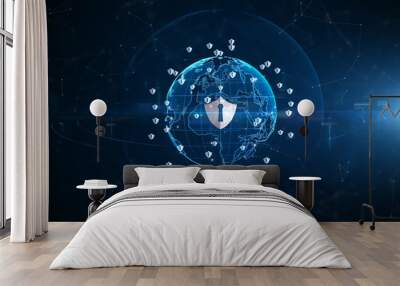 Shield icon cyber security, Digital data network protection,  Technology digital network data connection,  Digital cyberspace future background concept. Wall mural