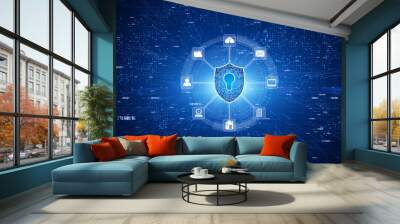 Shield Icon on Secure Global Network, Cyber security and information network protection, Future technology network for business and internet marketing concept Wall mural