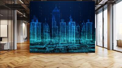 Smart city with technology network connecting. Internet of things and social media connection. Technology 5G and digital data connection. Future background concept. 3d rendering Wall mural