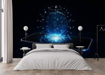 Smart Phone of 5g High Speed Internet Connection of Internet of things IOT, Technology Network Digital Data and Social network worldwide Connection Background Concept. 3D rendering Wall mural