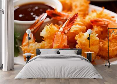  fried shrimp on a platter with hot sauce Wall mural