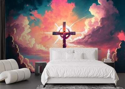 beautiful religious painting with a cross among pink clouds. Generative AI Wall mural