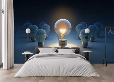 Bright light bulb representing an innovative idea and inspiration for creative solutions in technology and business Wall mural