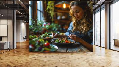 Closeup woman eating healthy food Wall mural