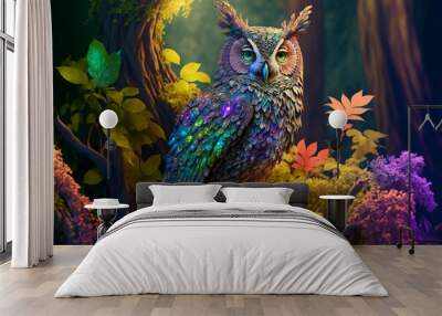 Fantasy forest, multi colored owl. Generative AI Wall mural