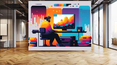 graphic designer working on computer in an office. Generative AI	 Wall mural