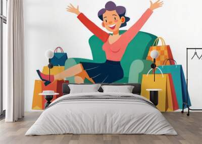 happy woman with bags and bags in the hands of the girl, vector cartoon character. Wall mural