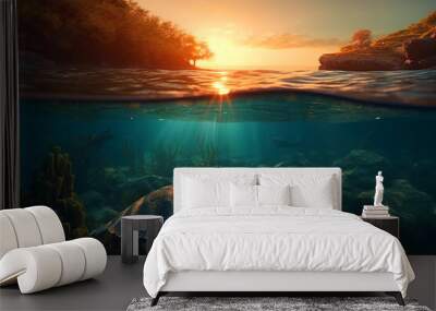 Tropical paradise sunset half underwater clear water tropical with big seaturtle. Generative AI	 Wall mural