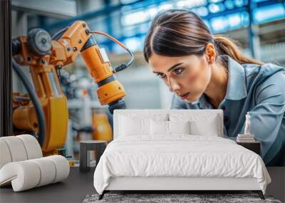 young female worker smiling confident wearing safety goggles using robotic arm at factory Wall mural