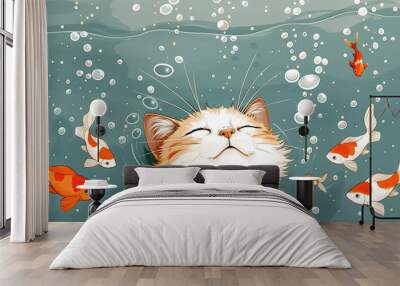 Bubble Cat! Playful Kitty in a Fishbowl Helmet Blows Bubbles with Goldfish - Flat Design Wall mural