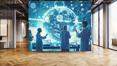 Global Collaboration in Healthcare: Researchers and Professionals Analyzing Holographic Globe Wall mural