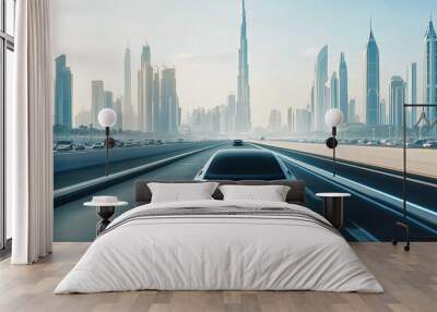 Innovative Dubai City Skyline Visualization Featuring Autonomous Cars Navigating Intelligent Roads Enhanced by AI Technology Wall mural