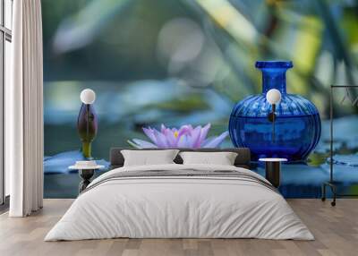 Serene Water Lily Pond with Blue Lotus Extract in Elegant Blue Bottle Wall mural