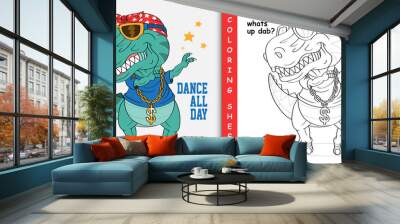 Cartoon dinosaur dabbing, Coloring sheet Wall mural