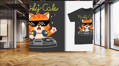 Cool cat disc jockey cartoon.  with t-shirt design. Wall mural