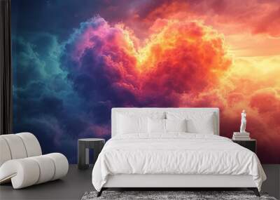 valentine's day, valentine, love, A whimsical Valentine's Day background with a beautiful, colorful heart suspended in the clouds, creating a dreamy and romantic atmosphere for love-themed projects Wall mural