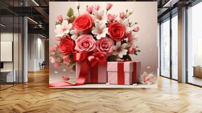 Gift box and Valentine's Day flowers vector with background Wall mural