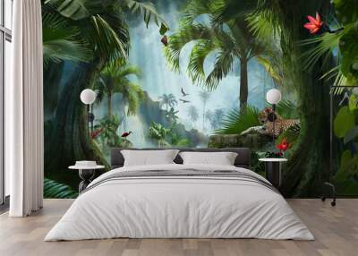 beautiful jungle beach lagoon view with a jaguar, palm trees and tropical leaves, can be used as background Wall mural