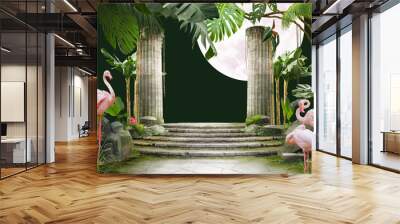 moon and flamingo background design with tropical palm and banana leaves, can be used as background, wallpaper Wall mural