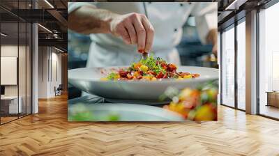 A chef preparing a gourmet dish using canned ingredients, with a focus on the final plated dish Wall mural