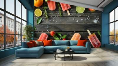 A creative shot of popsicles arranged in a spiral pattern on a wooden table, with fresh fruit and herbs placed around them. The composition emphasizes the natural ingredients and artistic Wall mural