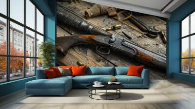 A dramatic close-up of a vintage shotgun, with worn wood and polished metal, resting on a rustic wooden table, surrounded by hunting gear and outdoor elements Wall mural