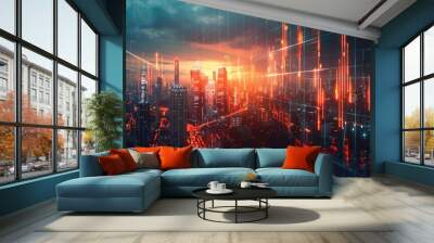 A futuristic cityscape at dusk, with holographic financial charts glowing above skyscrapers Wall mural