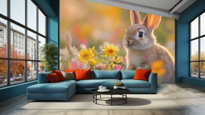 A heartwarming photograph of a young rabbit nestled among a field of wildflowers. The rabbitâ€™s soft fur and curious eyes are captured amidst the colorful, blooming flowers, creating a charming and Wall mural