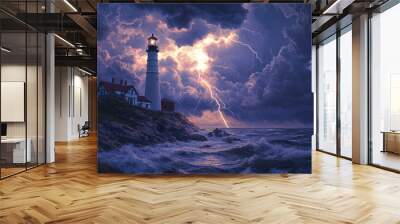 A lightning storm over a historic lighthouse, with bolts of lightning striking the structure and illuminating the rocky coastline. The dark storm clouds and bright flashes of light create a dramatic Wall mural