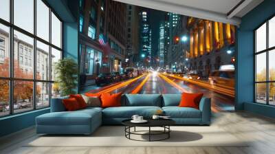 A long-exposure shot of a financial district street at night with light trails from passing cars, symbolizing the 24/7 nature of the stock market. Wall mural