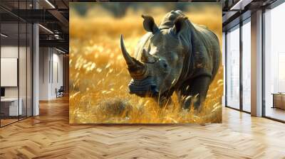 A majestic rhinoceros standing in the grasslands with ample room for text in the background Wall mural