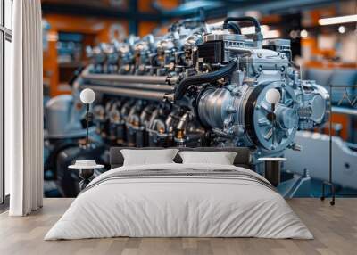 A powerful marine engine being installed in a yacht, demonstrating the engineering required for luxury and performance in maritime vessels. Wall mural