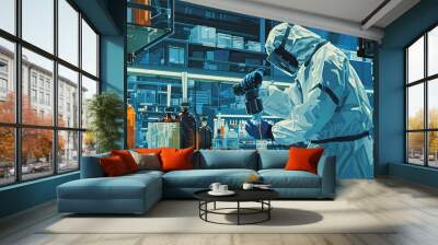 A scientist using a robotic arm to handle hazardous materials in a high-containment laboratory with advanced safety protocols Wall mural