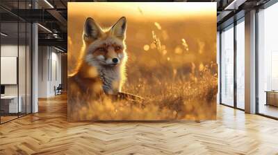 A serene image of a lone red fox resting in a field of tall grass at sunset. The warm, golden light of the setting sun highlights the foxâ€™s reddish fur and the peaceful, rural landscape. Wall mural